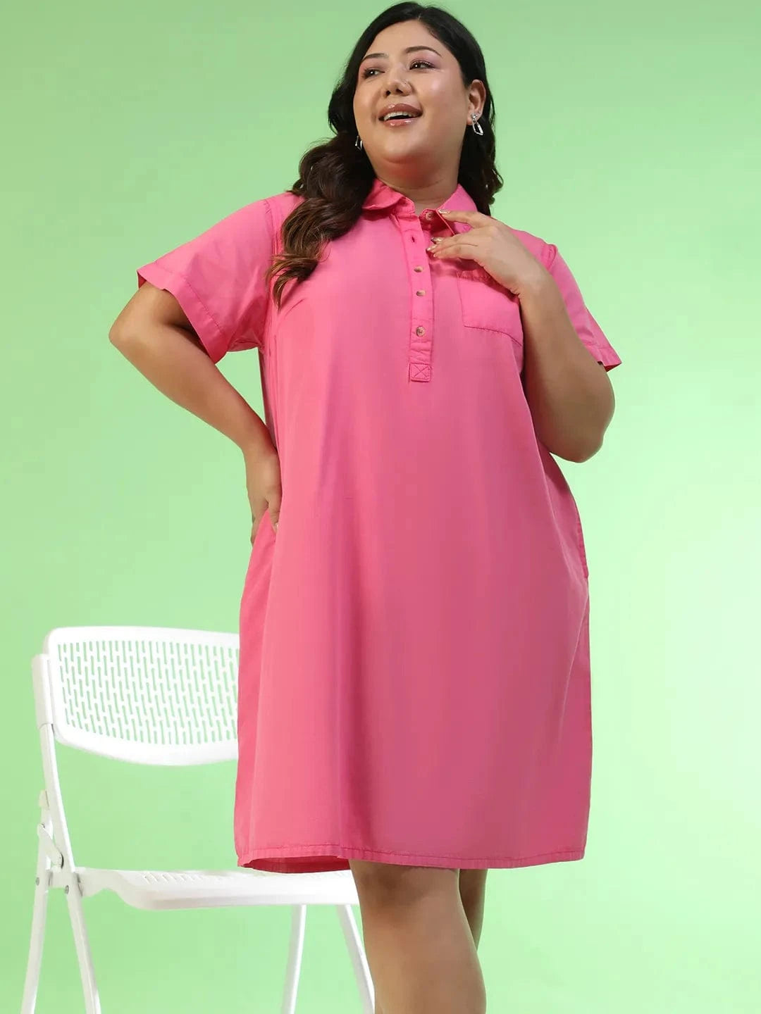 Mania Pink Collared Button Detail Short Sleeve Plus Size Women Cotton Dress