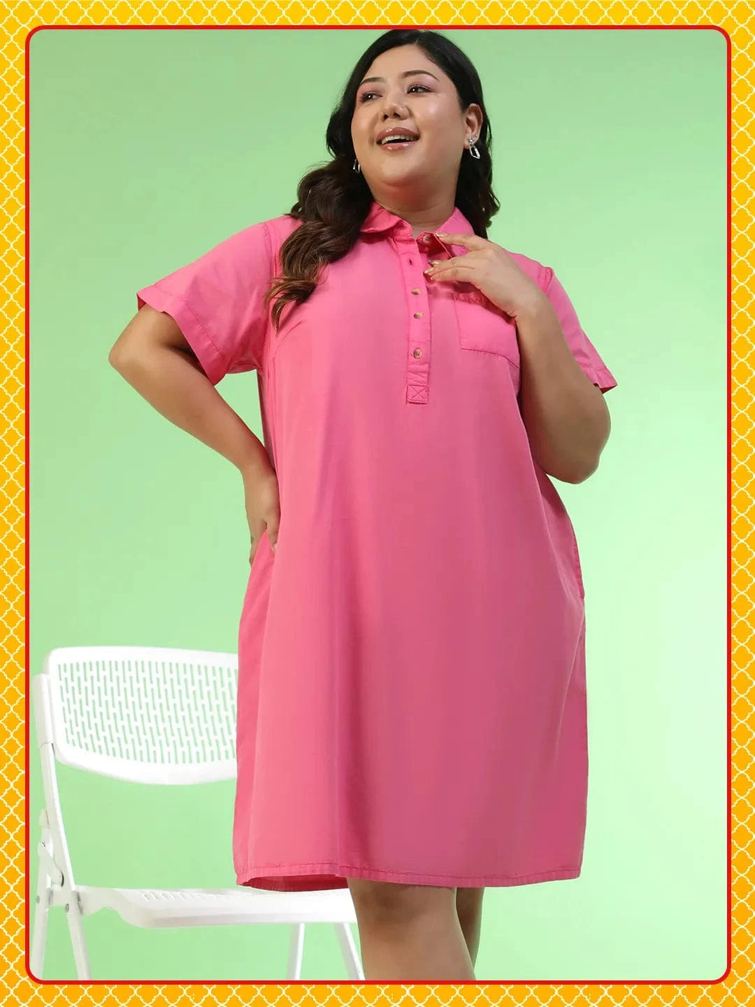 Mania Pink Collared Button Detail Short Sleeve Plus Size Women Cotton Dress