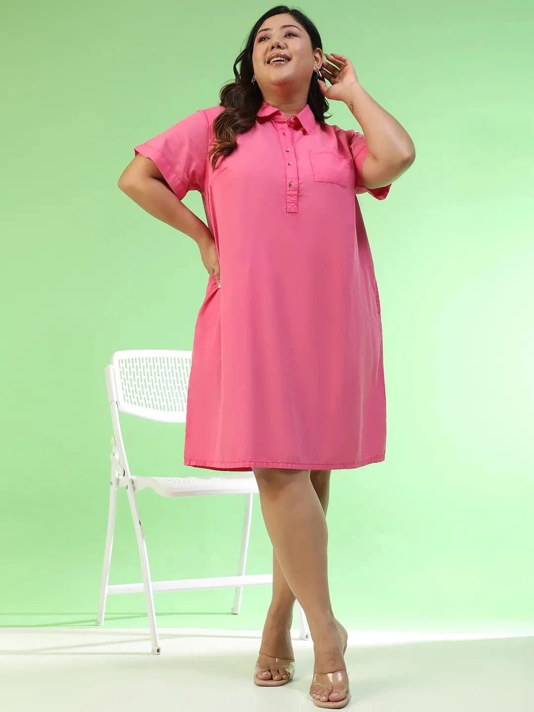 Mania Pink Collared Button Detail Short Sleeve Plus Size Women Cotton Dress