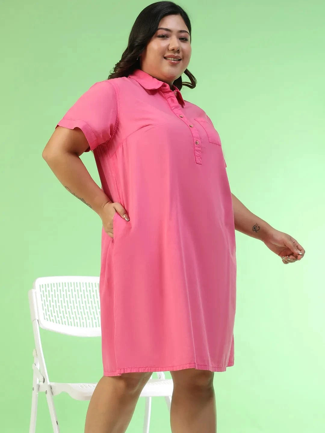 Mania Pink Collared Button Detail Short Sleeve Plus Size Women Cotton Dress