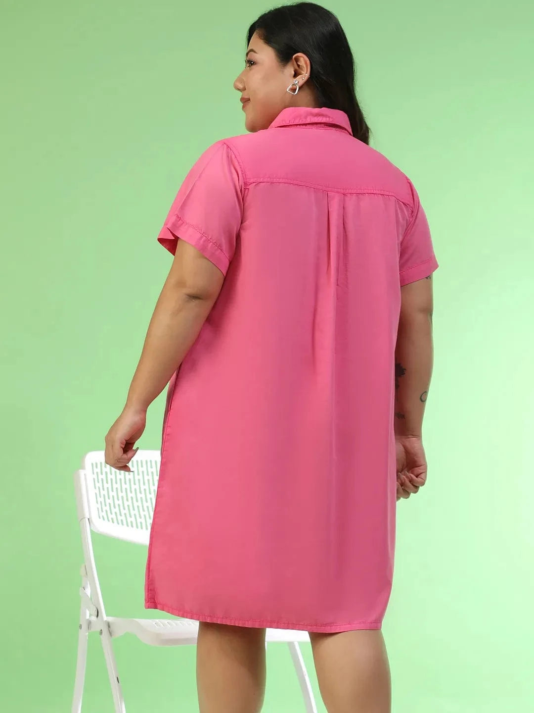 Mania Pink Collared Button Detail Short Sleeve Plus Size Women Cotton Dress