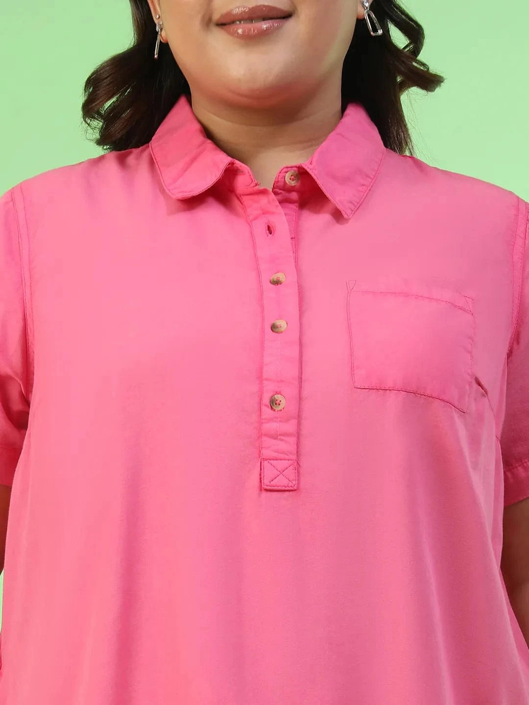 Mania Pink Collared Button Detail Short Sleeve Plus Size Women Cotton Dress