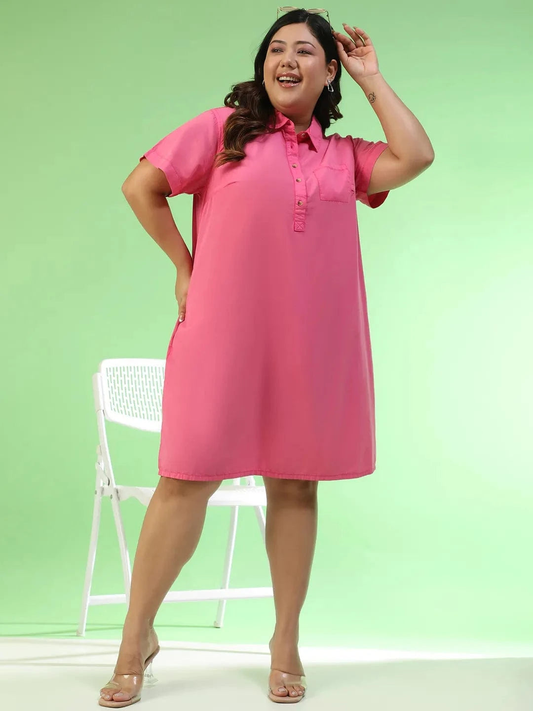 Mania Pink Collared Button Detail Short Sleeve Plus Size Women Cotton Dress