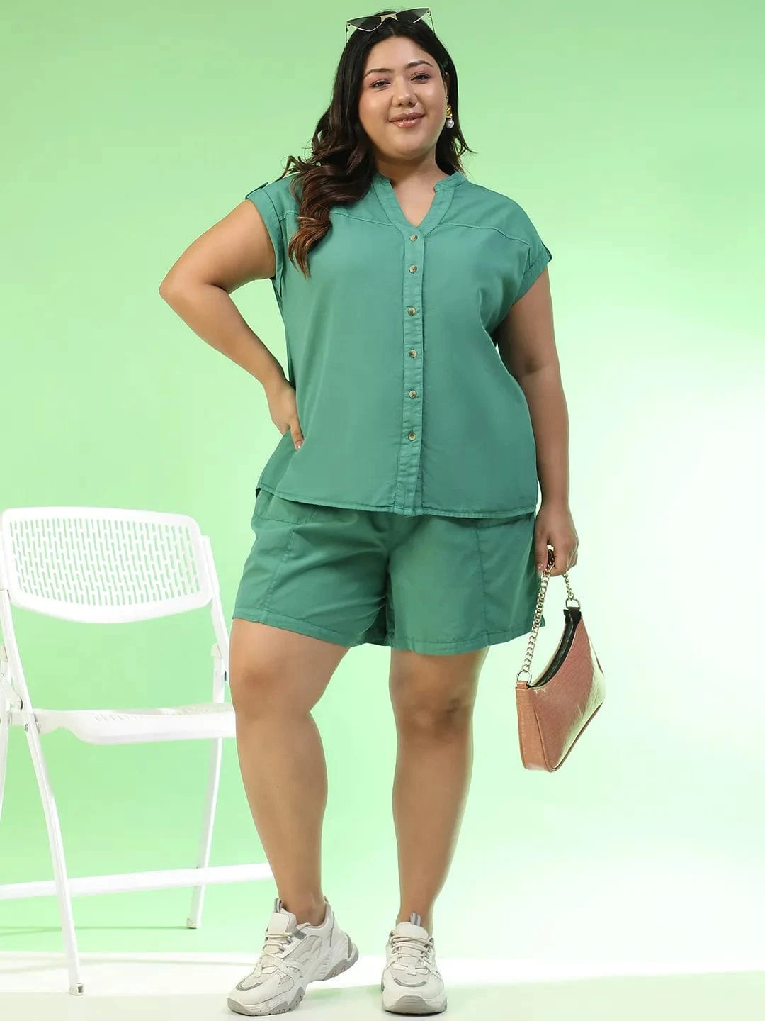 Pop Green Elasticated With Tie-Up Detail Plus Size Women Cotton Shorts
