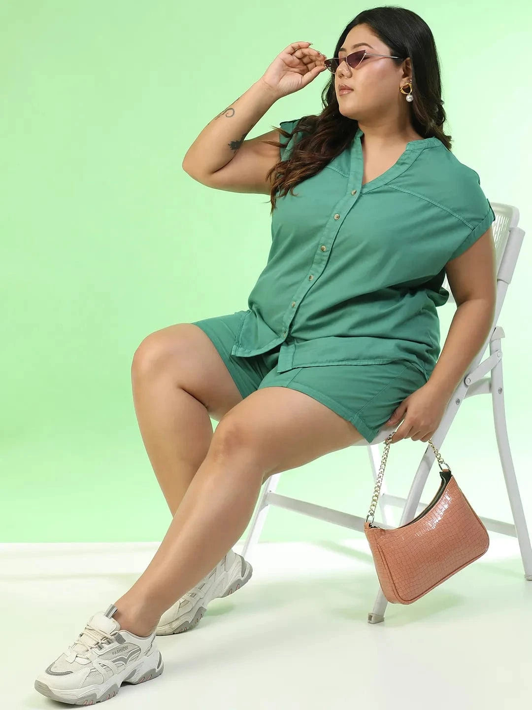 Pop Green Elasticated With Tie-Up Detail Plus Size Women Cotton Shorts