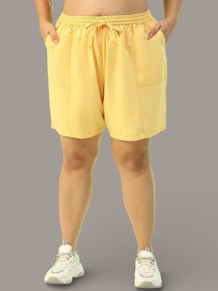 Plus Size Shorts - Yellow Cotton Women Elasticated Waist Tie-Up Detail Casual