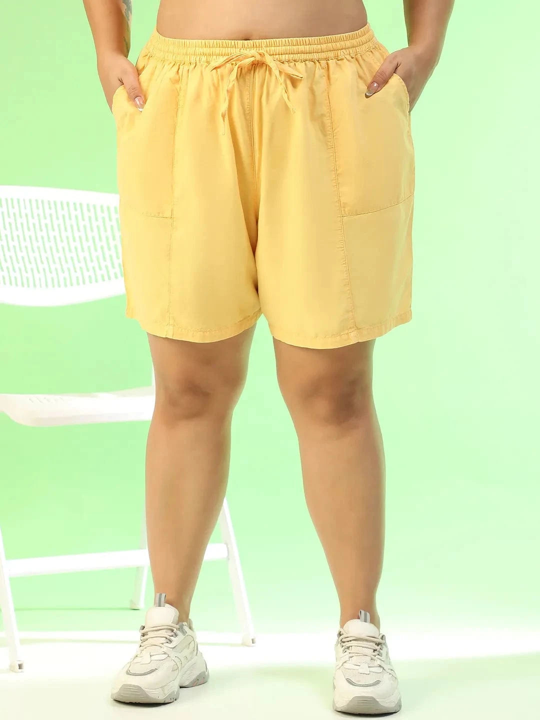 Aura Yellow Elasticated With Tie-Up Detail Plus Size Women Cotton Shorts