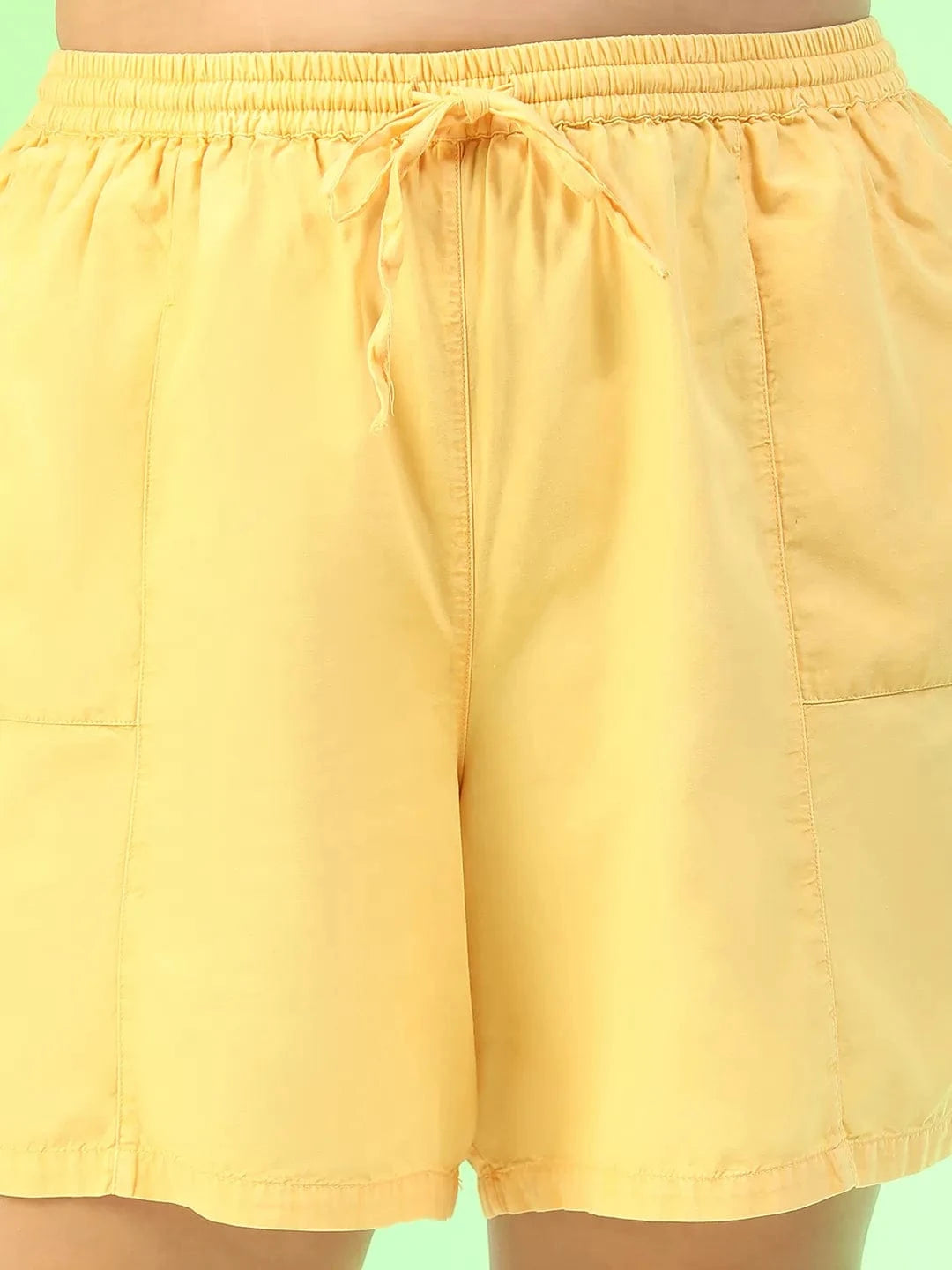 Aura Yellow Elasticated With Tie-Up Detail Plus Size Women Cotton Shorts