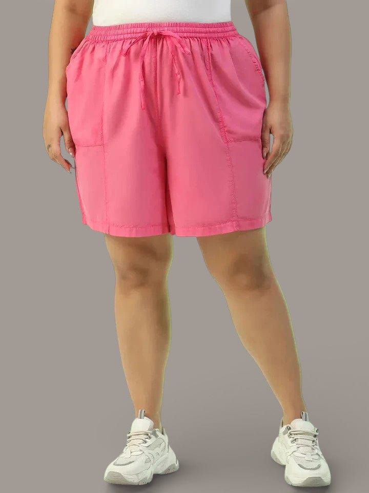 Plus Size Shorts - Pink Cotton Women Elasticated Waist With Adjustable Tie-Up Detail