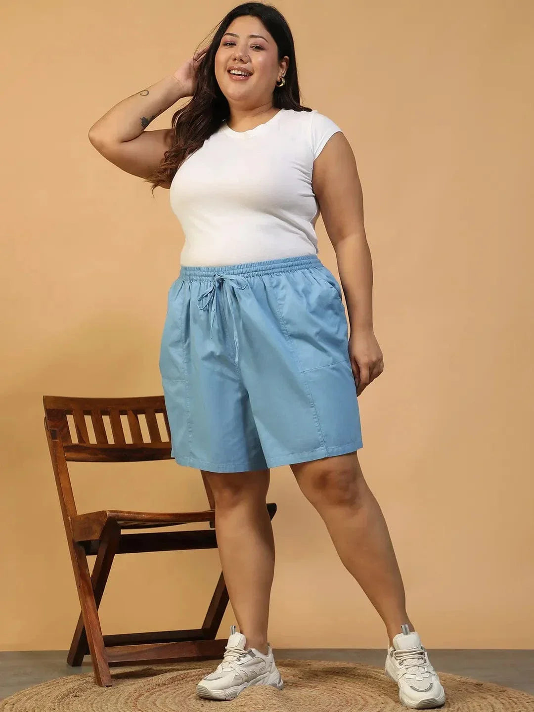 Ember Blue Elasticated With Tie-Up Detail Plus Size Women Cotton Shorts