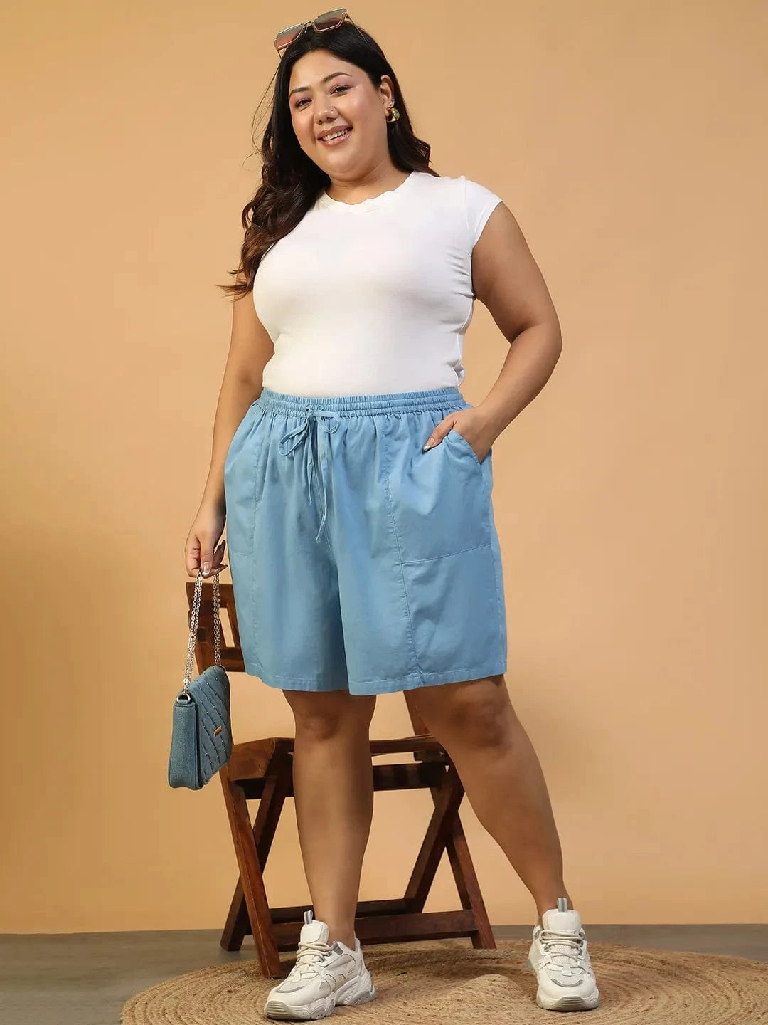 Ember Blue Elasticated With Tie-Up Detail Plus Size Women Cotton Shorts