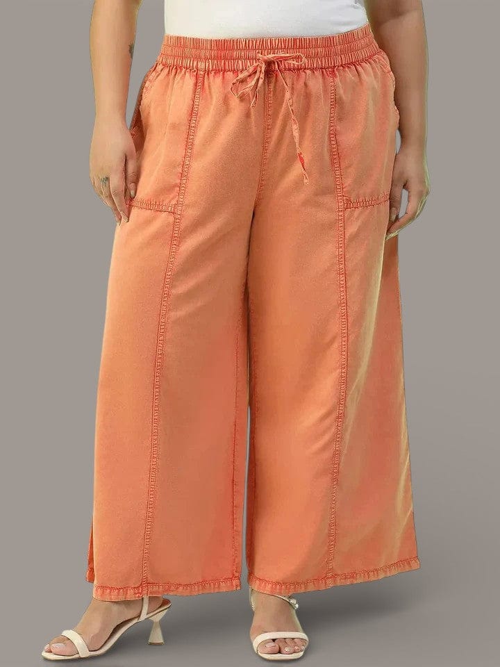 Starcore Orange Elasticated With Tie-Up Detail Plus Size Women Long Cotton Pant