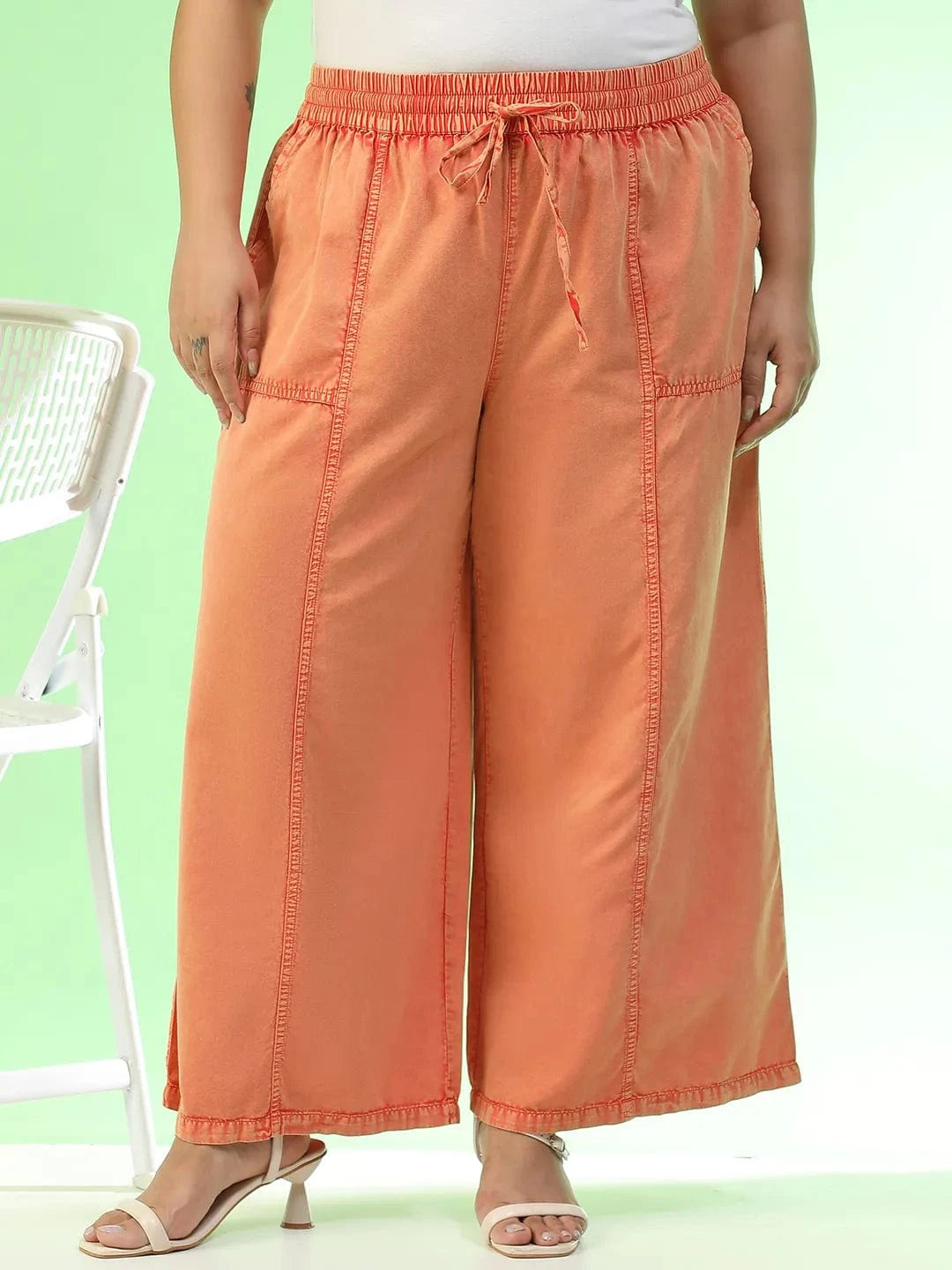 Starcore Orange Elasticated With Tie-Up Detail Plus Size Women Long Cotton Pant