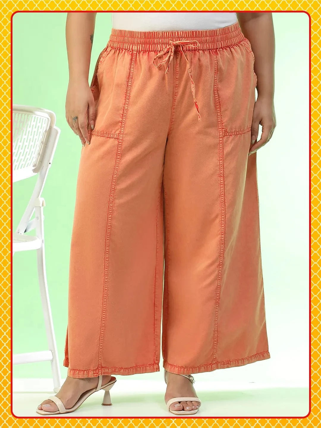 Starcore Orange Elasticated With Tie-Up Detail Plus Size Women Long Cotton Pant