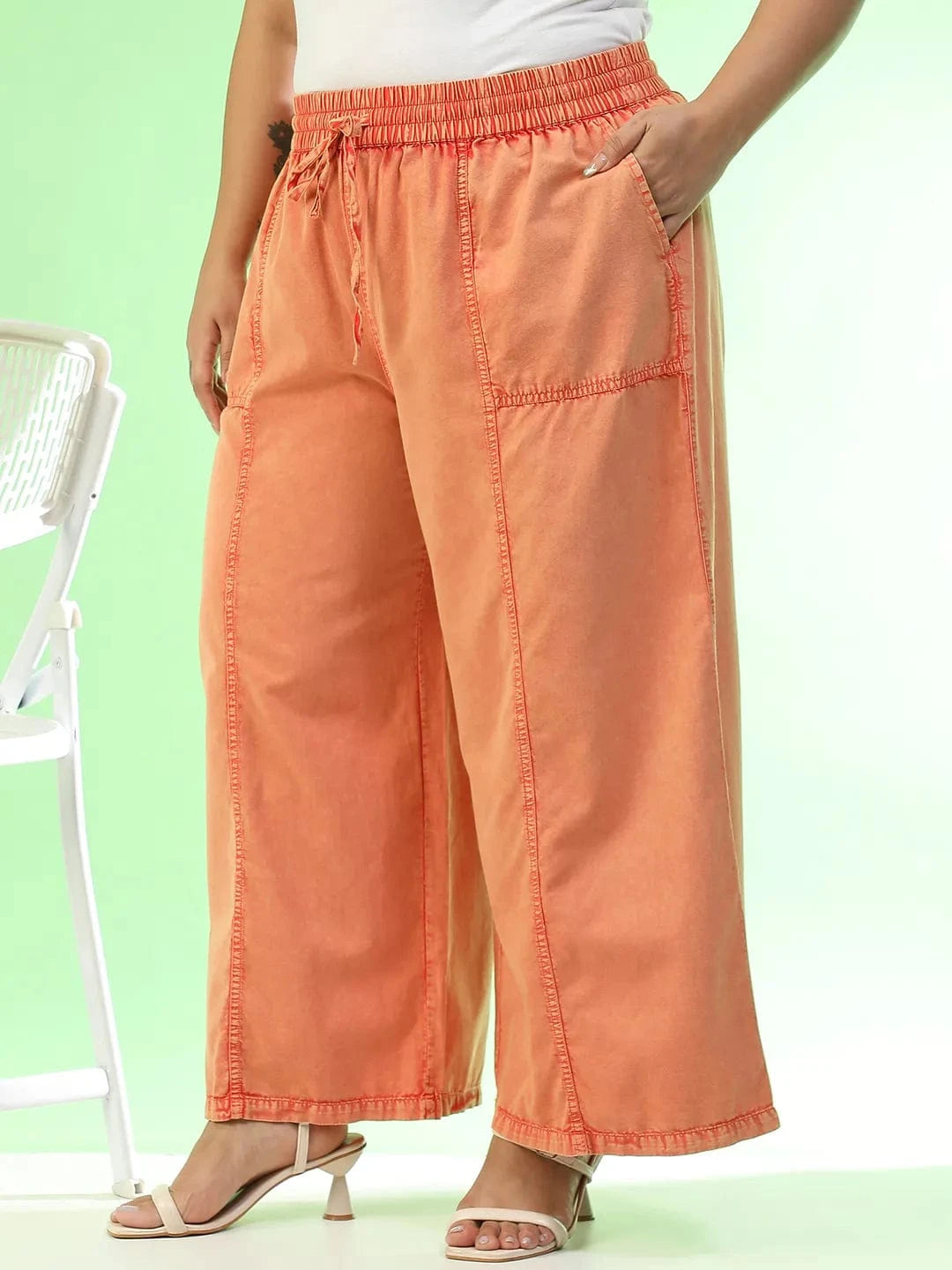 Starcore Orange Elasticated With Tie-Up Detail Plus Size Women Long Cotton Pant