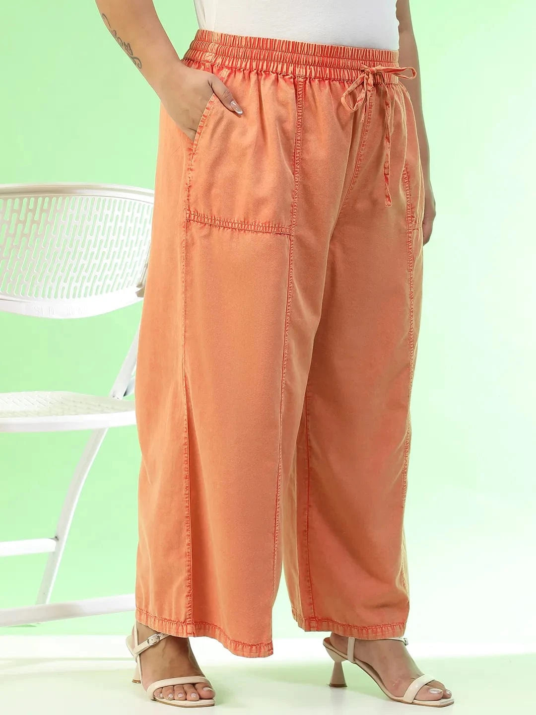 Starcore Orange Elasticated With Tie-Up Detail Plus Size Women Long Cotton Pant