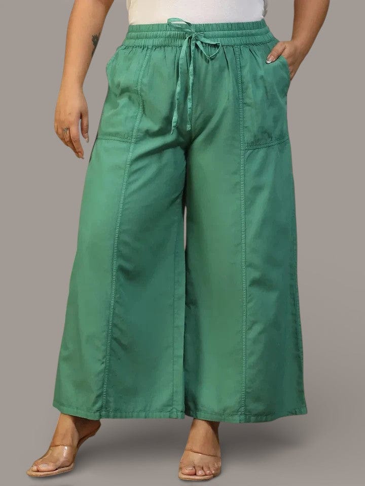 Twirlpop Green Elasticated With Tie-Up Detail Plus Size Women Long Cotton Pant