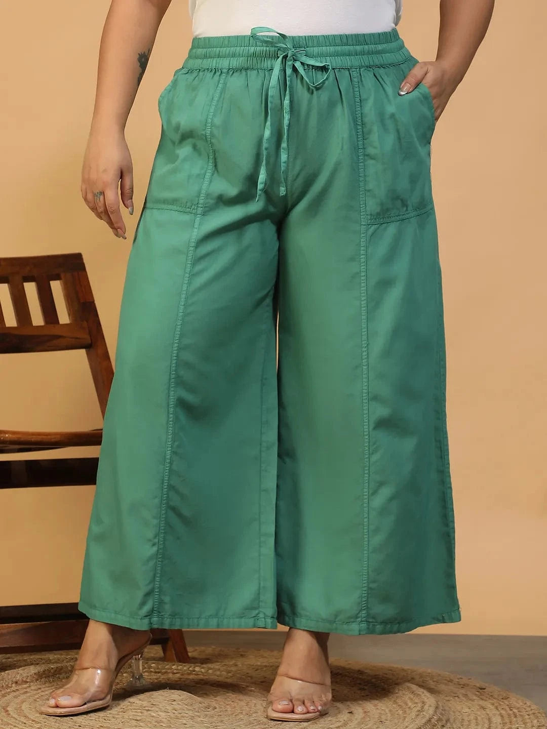 Twirlpop Green Elasticated With Tie-Up Detail Plus Size Women Long Cotton Pant