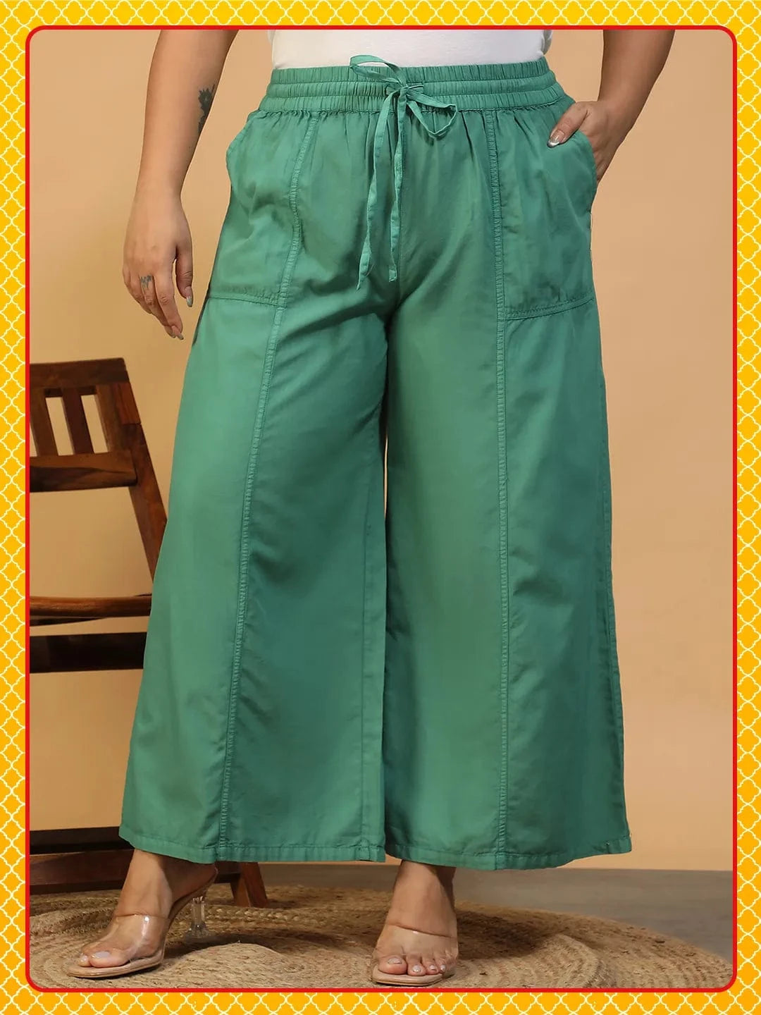 Twirlpop Green Elasticated With Tie-Up Detail Plus Size Women Long Cotton Pant