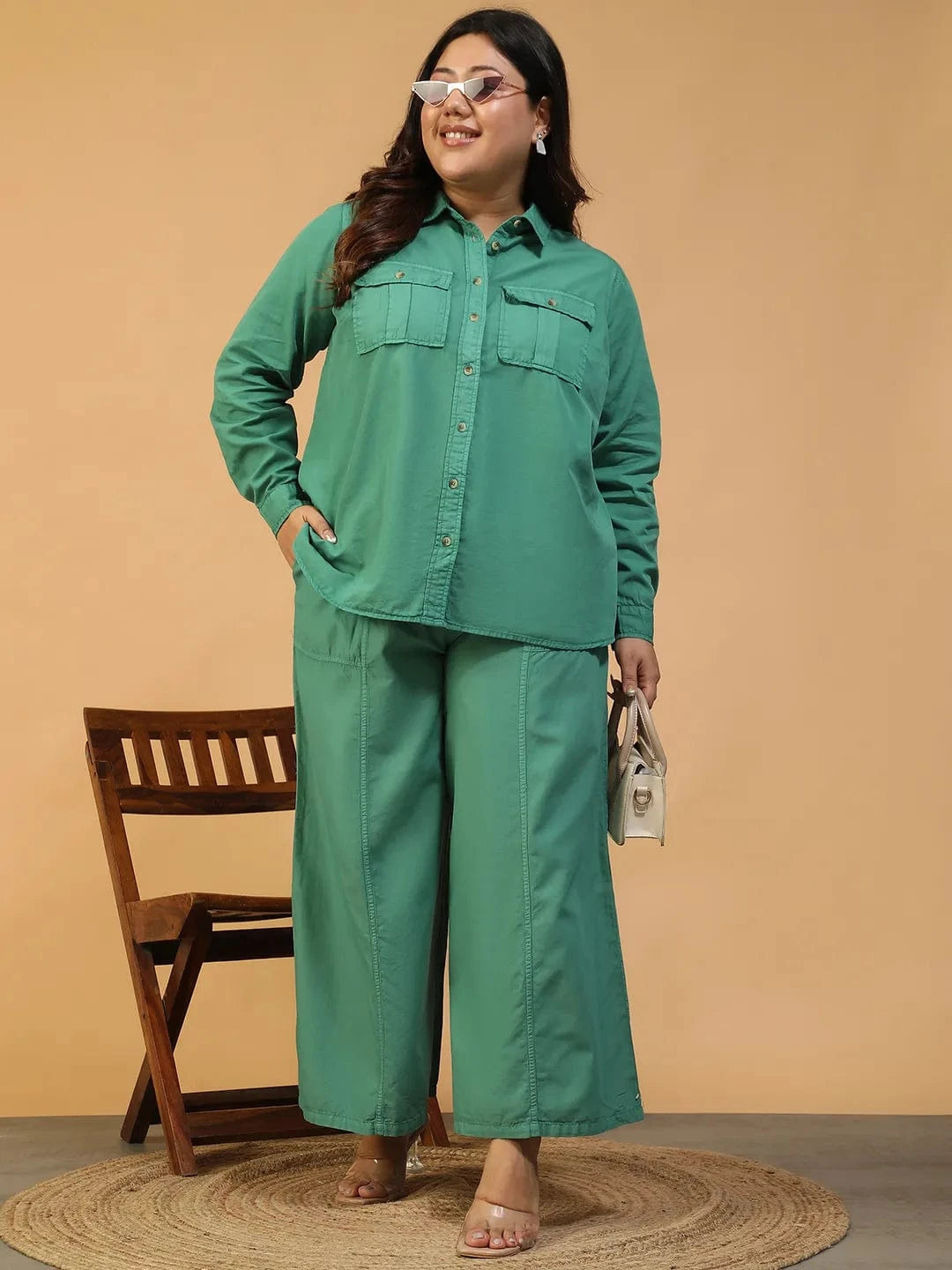 Twirlpop Green Elasticated With Tie-Up Detail Plus Size Women Long Cotton Pant