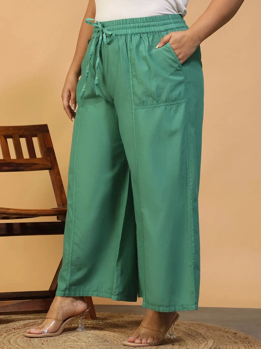 Twirlpop Green Elasticated With Tie-Up Detail Plus Size Women Long Cotton Pant