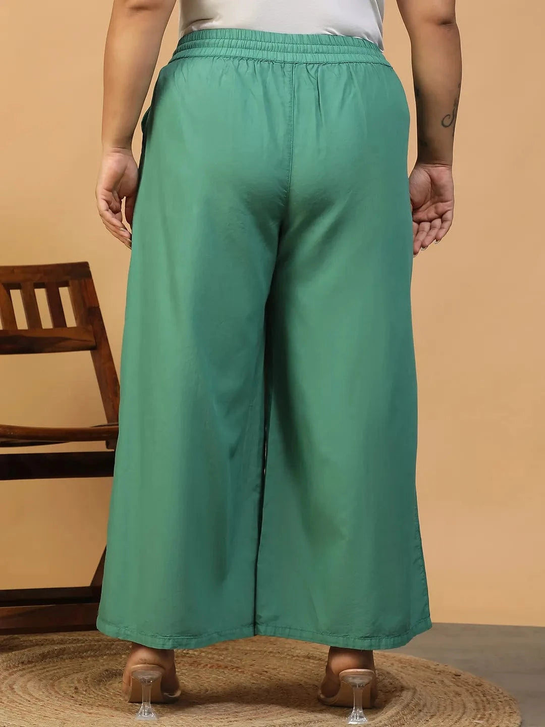 Twirlpop Green Elasticated With Tie-Up Detail Plus Size Women Long Cotton Pant
