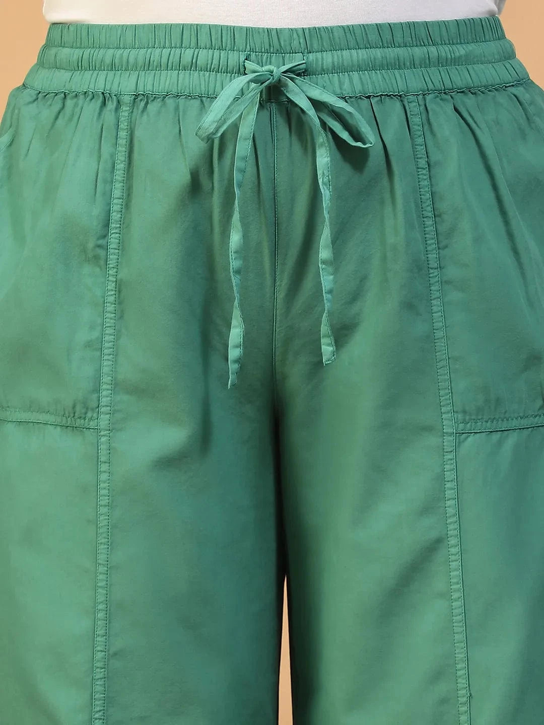 Twirlpop Green Elasticated With Tie-Up Detail Plus Size Women Long Cotton Pant
