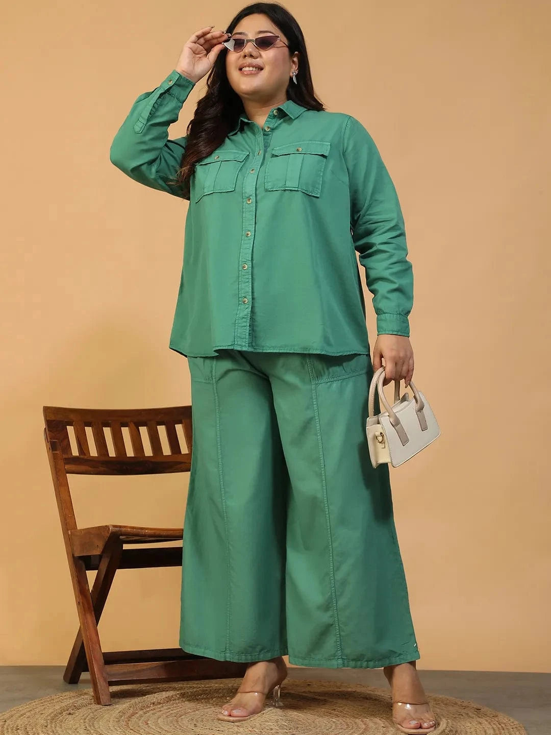 Twirlpop Green Elasticated With Tie-Up Detail Plus Size Women Long Cotton Pant