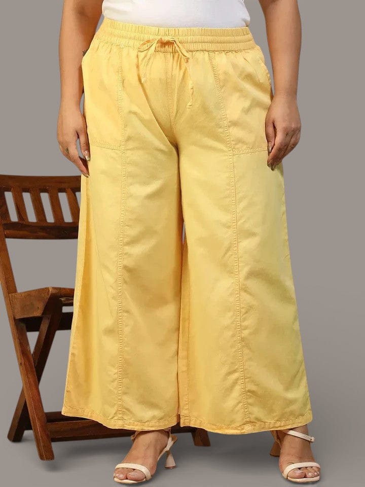 Chiclit Yellow Elasticated With Tie-Up Detail Plus Size Women Long Cotton Pant