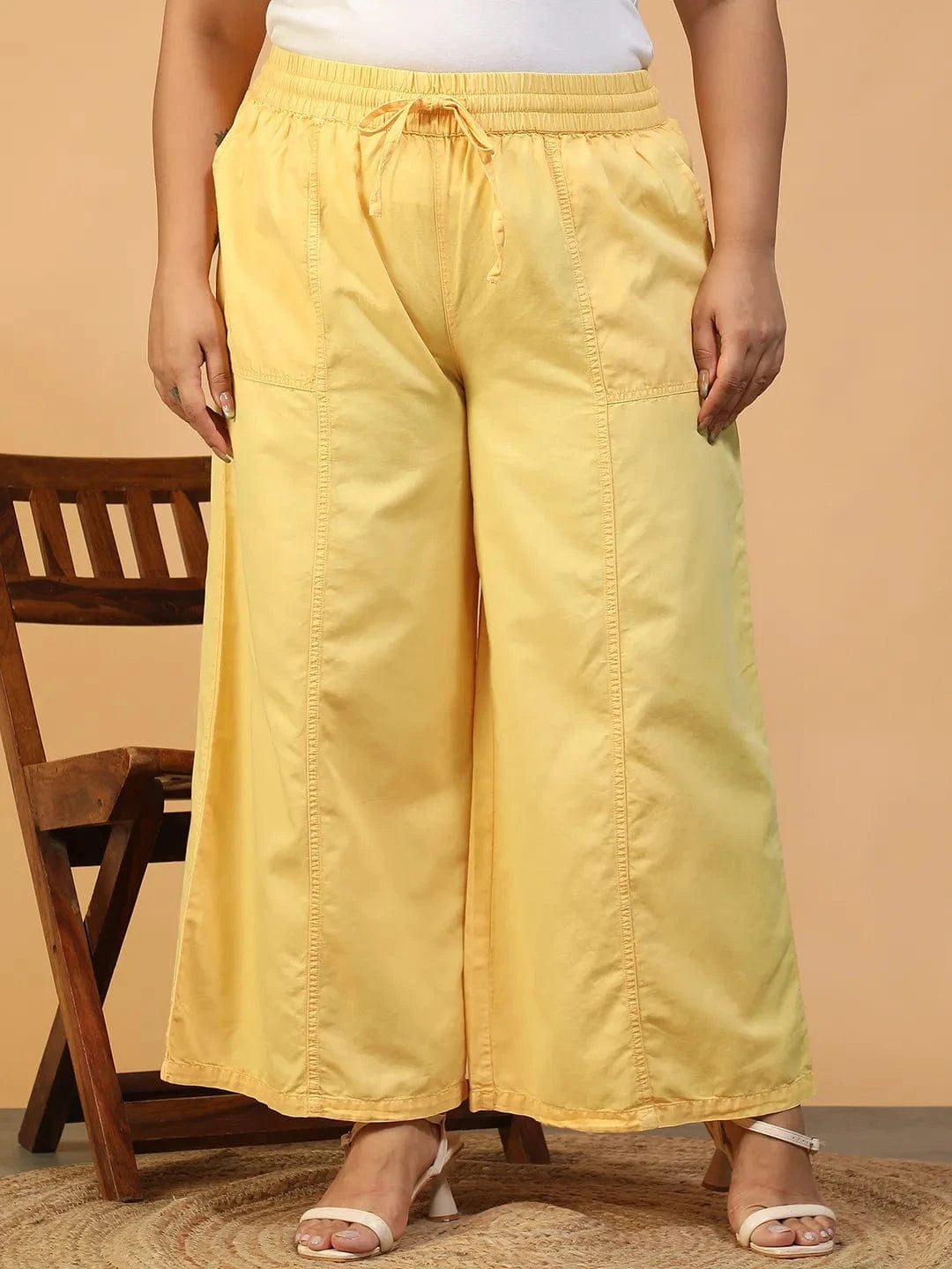 Chiclit Yellow Elasticated With Tie-Up Detail Plus Size Women Long Cotton Pant