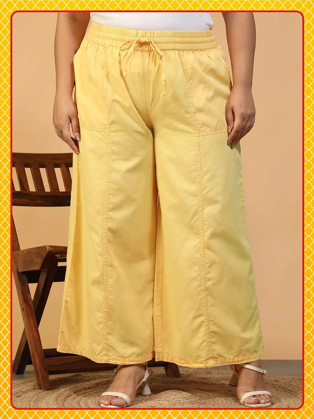 Chiclit Yellow Elasticated With Tie-Up Detail Plus Size Women Long Cotton Pant
