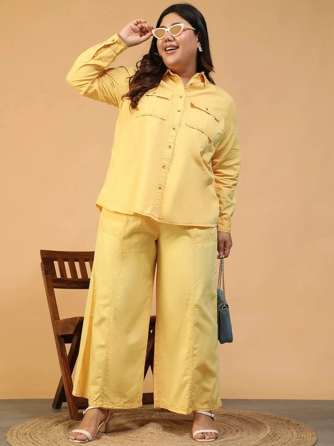 Chiclit Yellow Elasticated With Tie-Up Detail Plus Size Women Long Cotton Pant