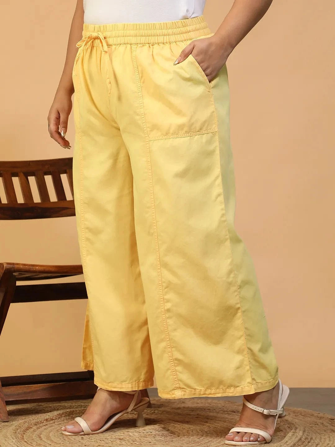 Chiclit Yellow Elasticated With Tie-Up Detail Plus Size Women Long Cotton Pant