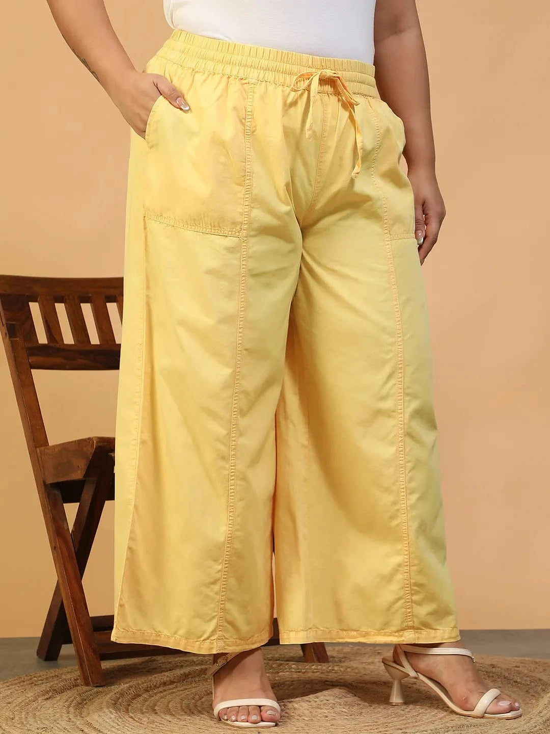 Chiclit Yellow Elasticated With Tie-Up Detail Plus Size Women Long Cotton Pant