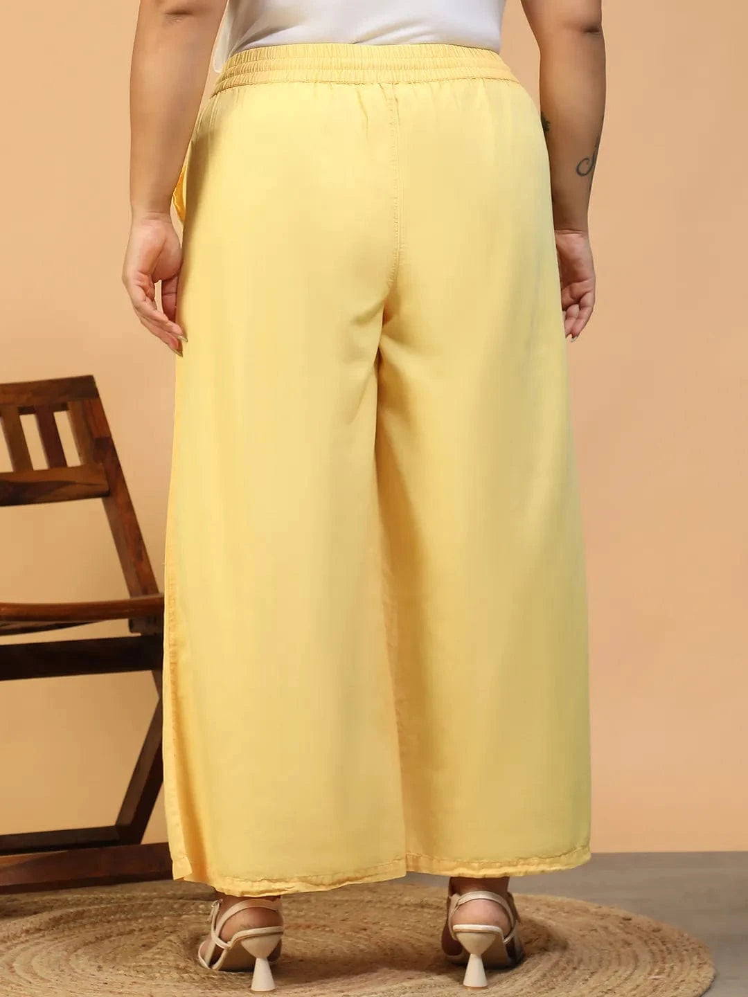 Chiclit Yellow Elasticated With Tie-Up Detail Plus Size Women Long Cotton Pant