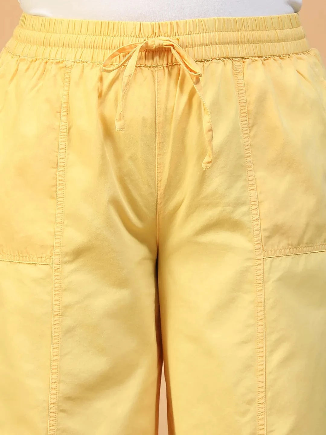 Chiclit Yellow Elasticated With Tie-Up Detail Plus Size Women Long Cotton Pant