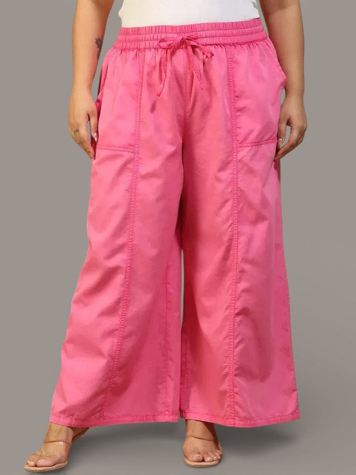 Prism Pink Elasticated With Tie-Up Detail Plus Size Women Long Cotton Pant