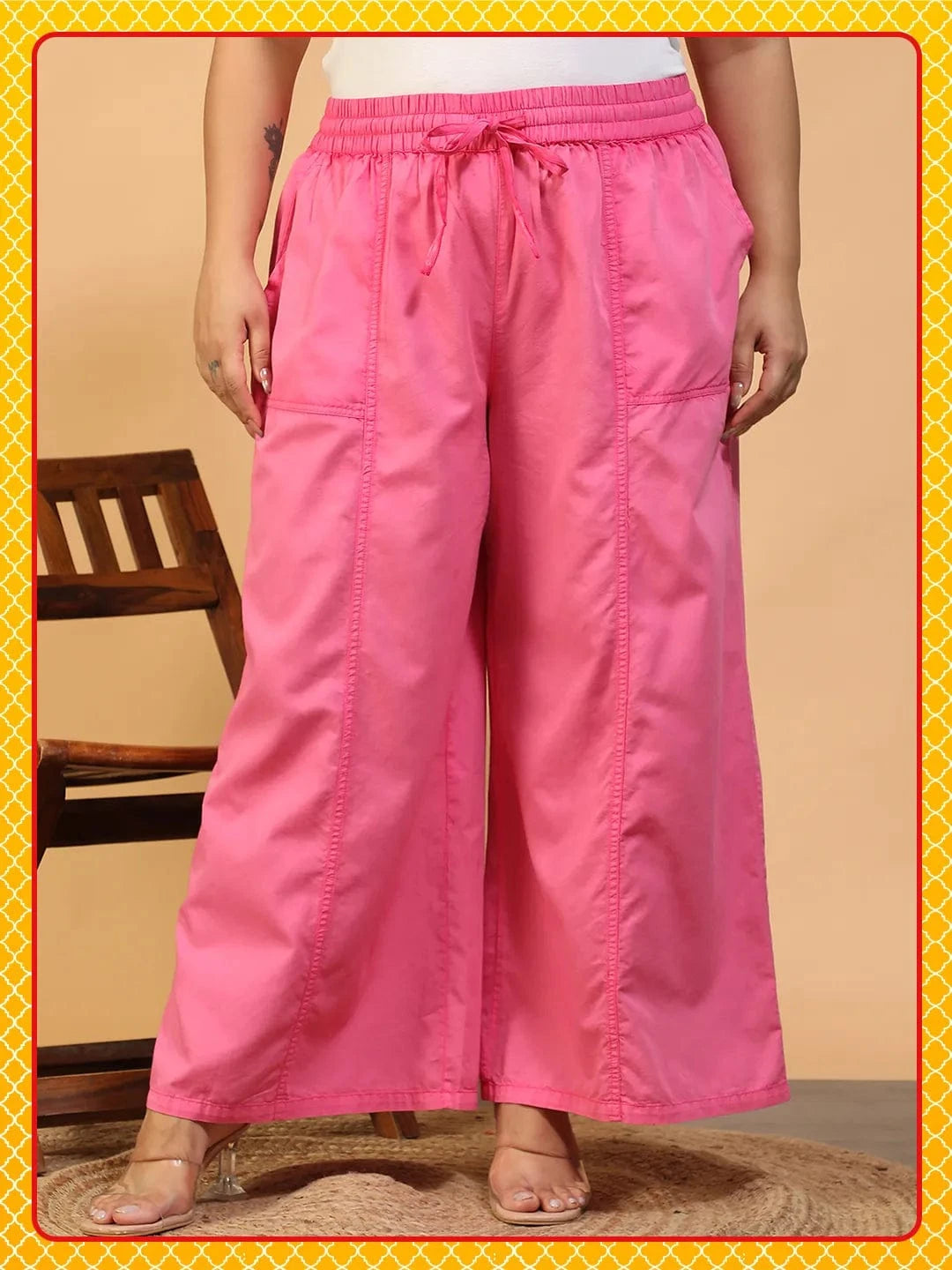 Prism Pink Elasticated With Tie-Up Detail Plus Size Women Long Cotton Pant