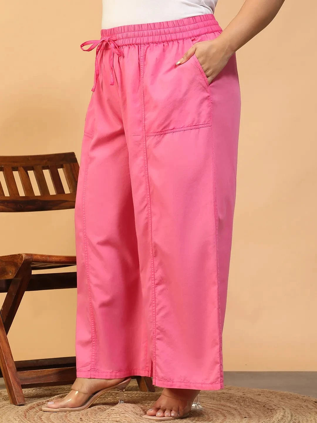 Prism Pink Elasticated With Tie-Up Detail Plus Size Women Long Cotton Pant
