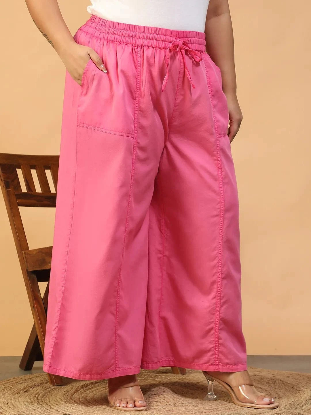 Prism Pink Elasticated With Tie-Up Detail Plus Size Women Long Cotton Pant