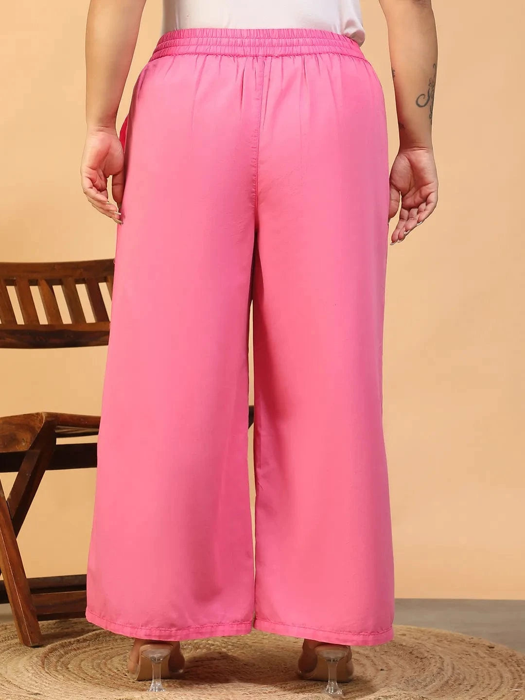 Prism Pink Elasticated With Tie-Up Detail Plus Size Women Long Cotton Pant