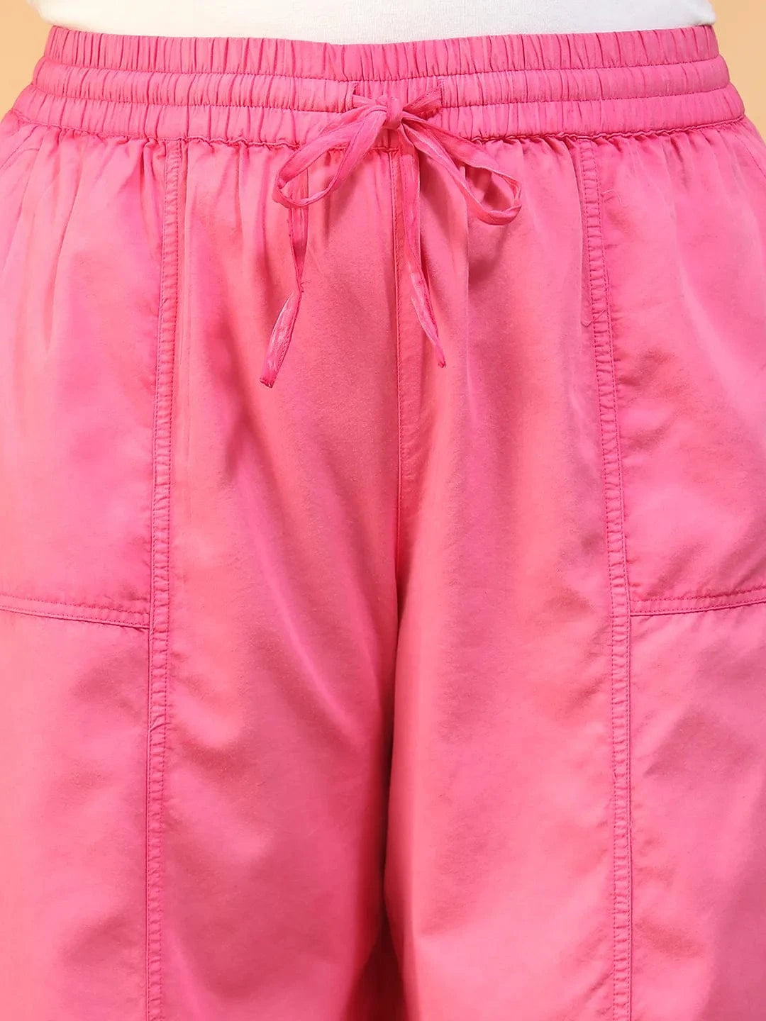 Prism Pink Elasticated With Tie-Up Detail Plus Size Women Long Cotton Pant