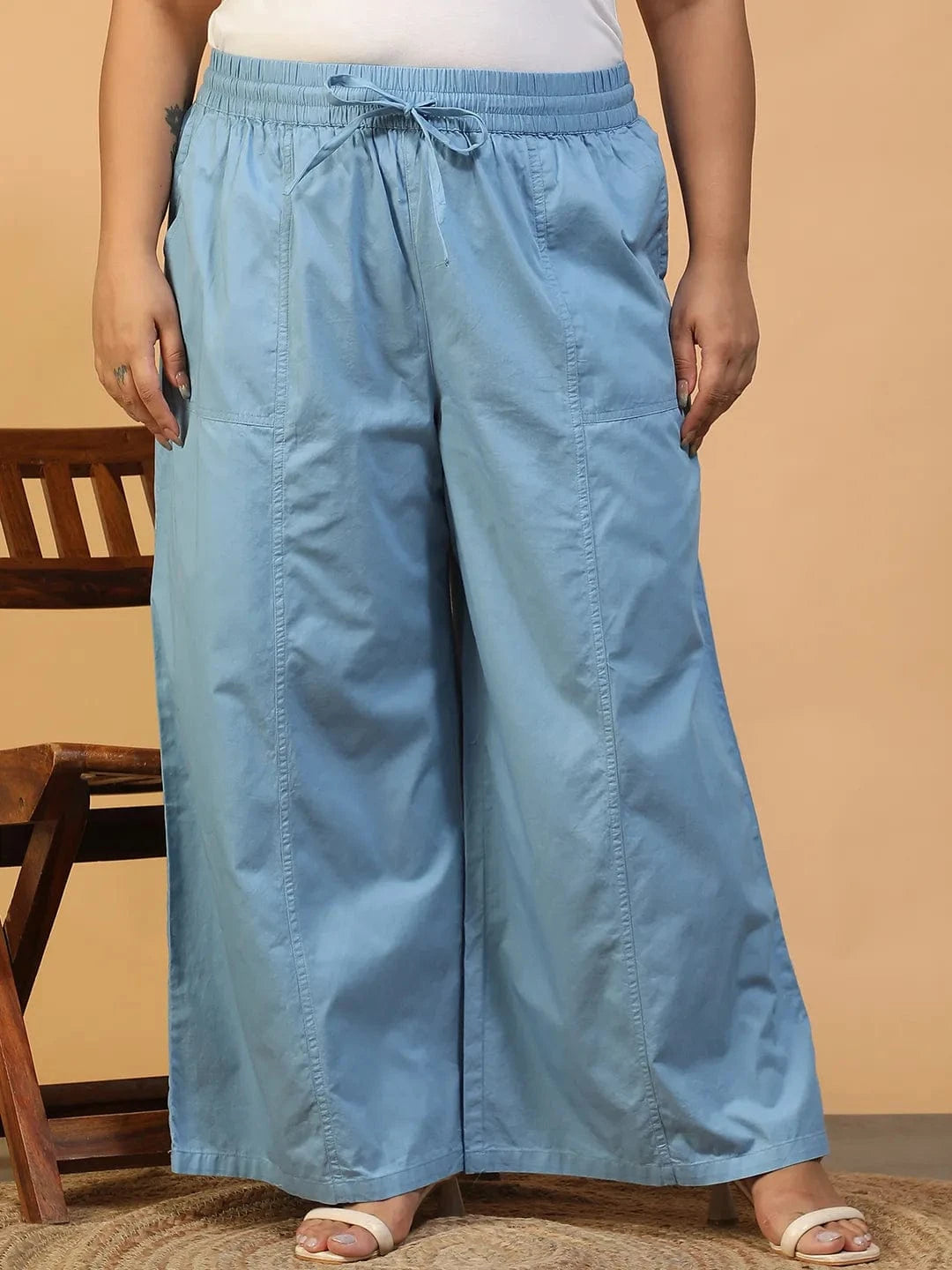 Mist Blue Elasticated With Tie-Up Detail Plus Size Women Long Cotton Pant