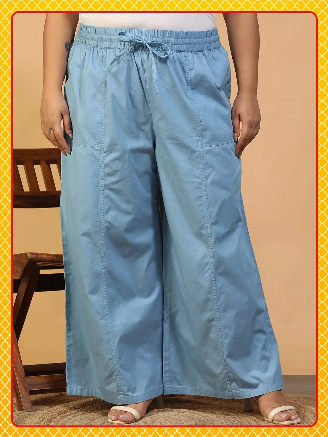 Mist Blue Elasticated With Tie-Up Detail Plus Size Women Long Cotton Pant