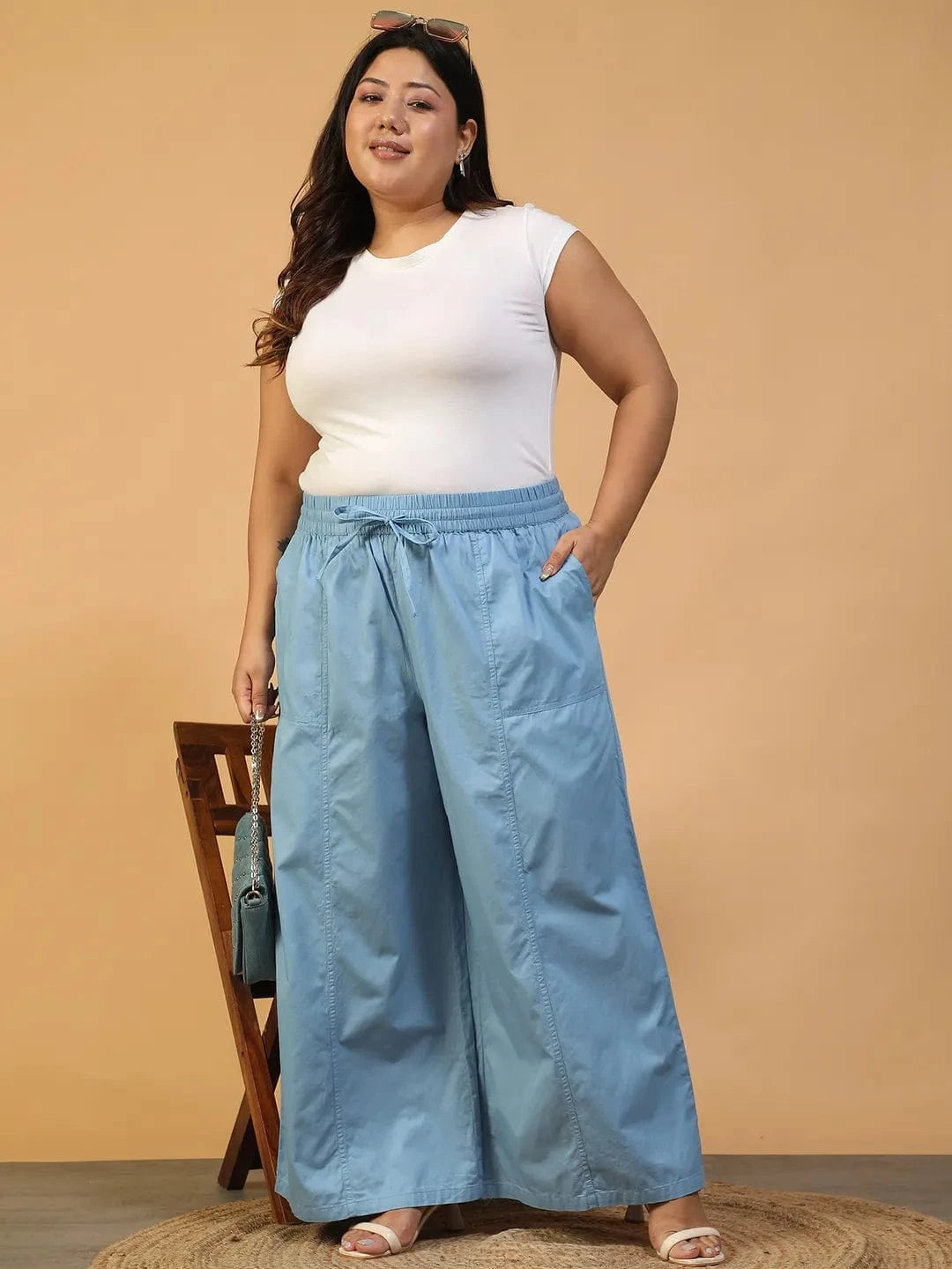 Mist Blue Elasticated With Tie-Up Detail Plus Size Women Long Cotton Pant