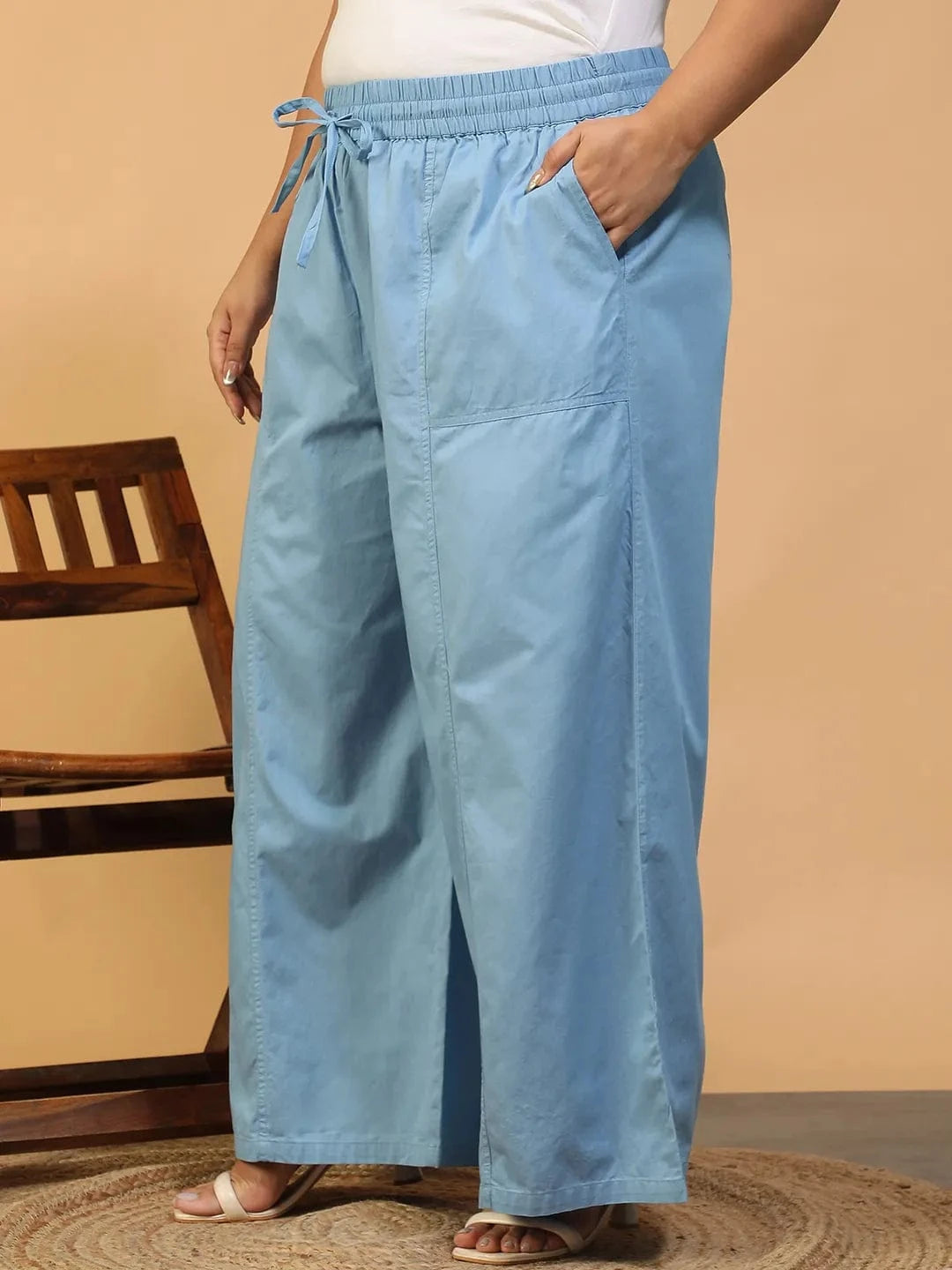 Mist Blue Elasticated With Tie-Up Detail Plus Size Women Long Cotton Pant