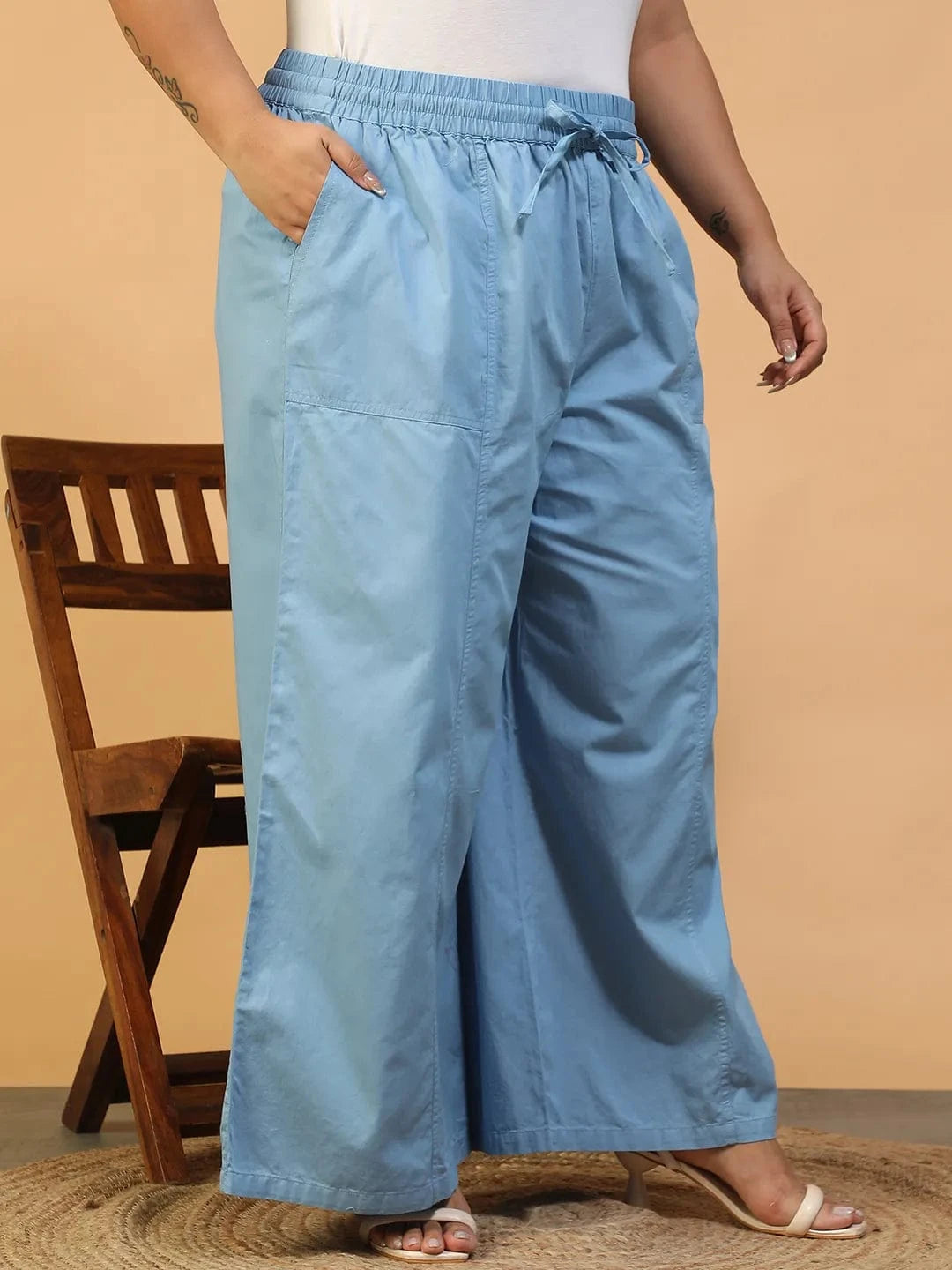 Mist Blue Elasticated With Tie-Up Detail Plus Size Women Long Cotton Pant