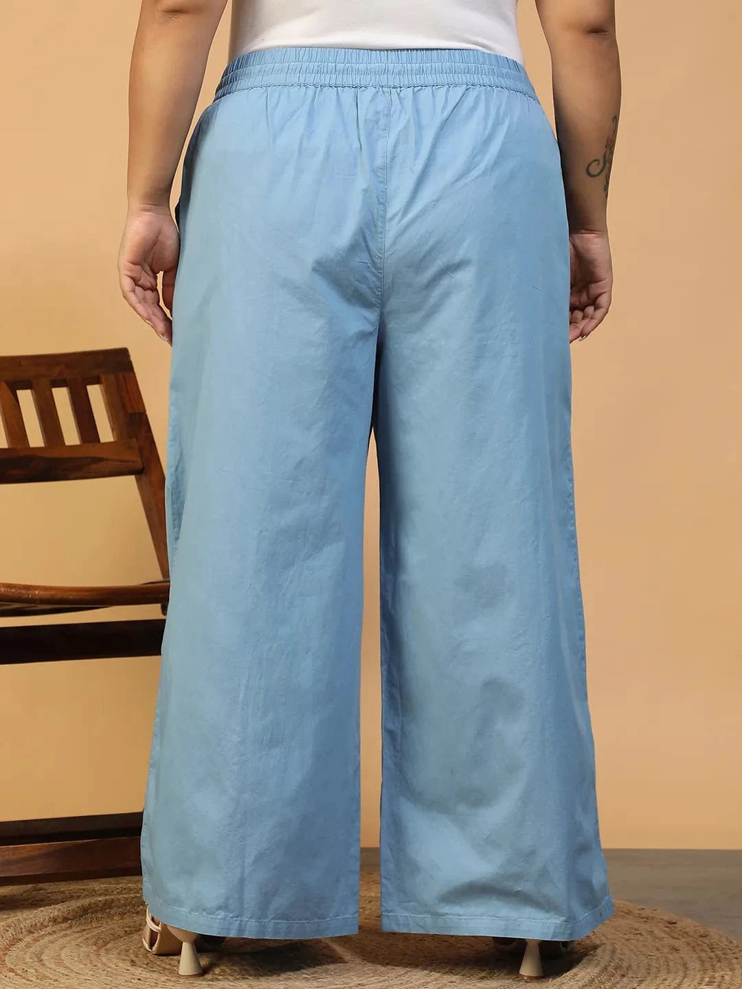 Mist Blue Elasticated With Tie-Up Detail Plus Size Women Long Cotton Pant