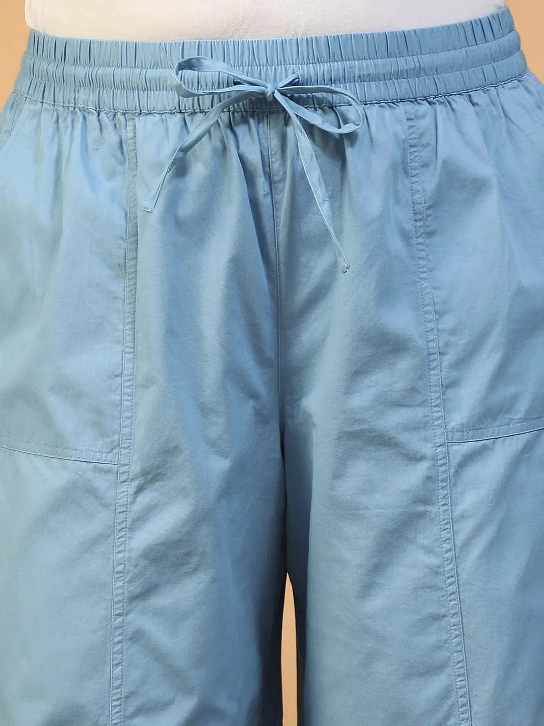 Mist Blue Elasticated With Tie-Up Detail Plus Size Women Long Cotton Pant