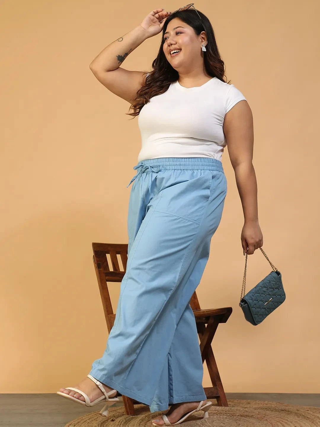 Mist Blue Elasticated With Tie-Up Detail Plus Size Women Long Cotton Pant